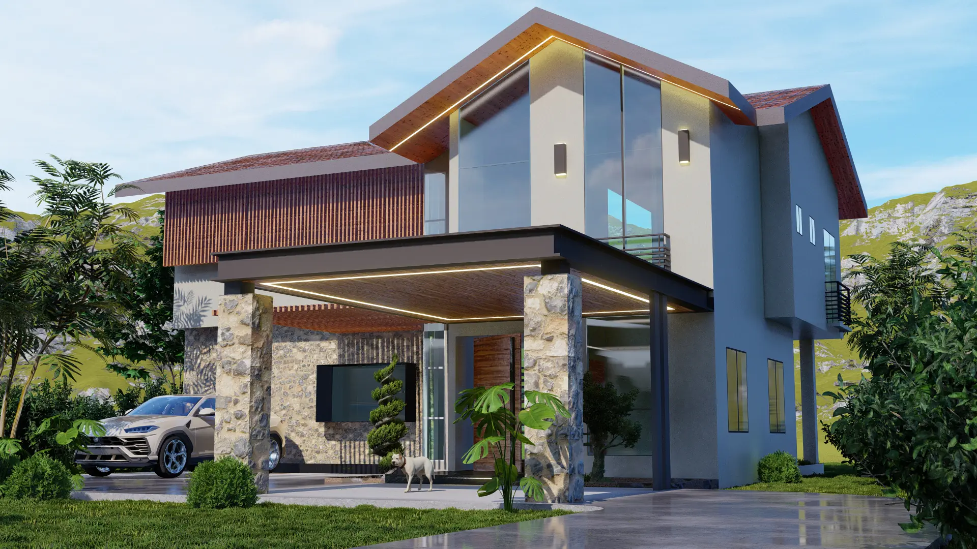 Render de una residencia de piedra y vidrio diseñada por el grupo